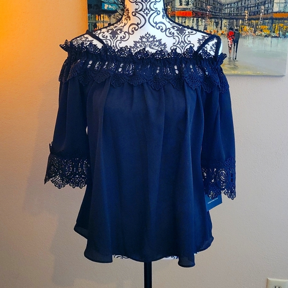 Black crochet trim off the shoulder blouse